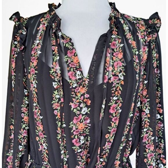 JULIA JORDAN Floral Stripe Print Ruffle-Trim Pleated Drawstring Dress Size 4 - Picture 7 of 9